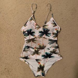 one piece palm tree bathing suit with mesh cutouts
